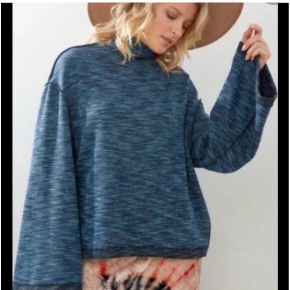 Free People Sunny Days Turtleneck Sweater Blue Overboard Combo XS Retail $98